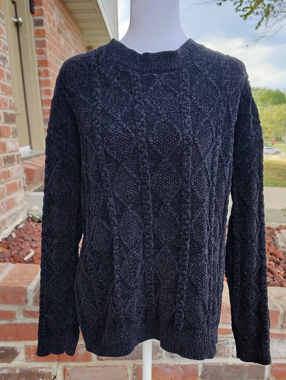 Macaron Black Velvet Cable Chunky Knit Fisherman Sweatshirt Size S Oversized